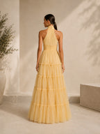 Women’s Yellow Multi-Layer Tuller Halter Neck Sleeveless Flowy Maxi Dress