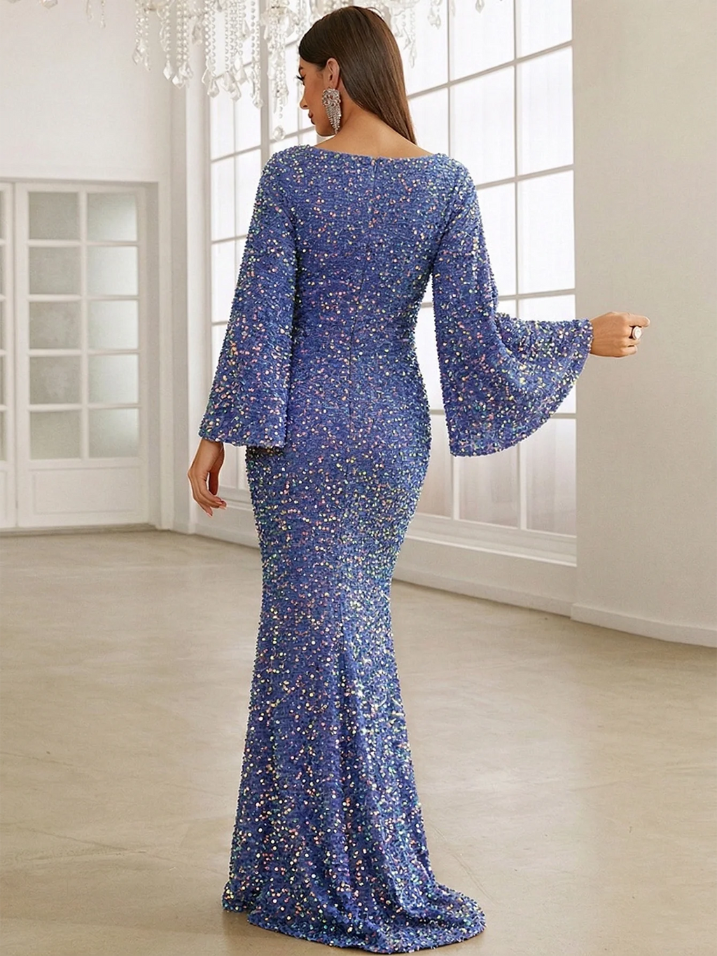 Women’s Rose Gold Evening Sequin V-Neck Mermaid Maxi Dress with Bell Sleeves
