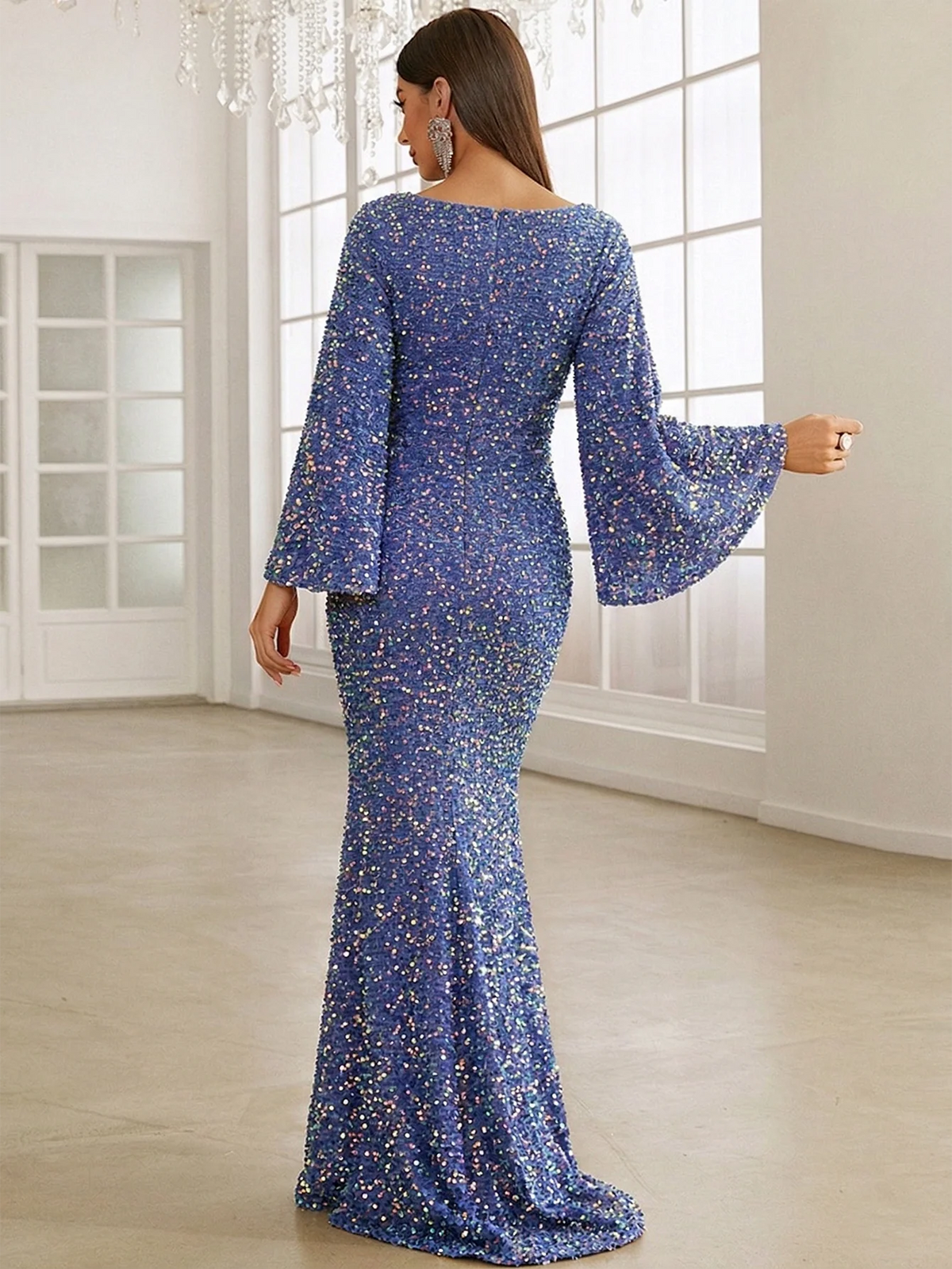 Women’s Rose Gold Evening Sequin V-Neck Mermaid Maxi Dress with Bell Sleeves