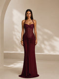 Women’s Burgundy Elegant Ruched Halter Neck Backless Maxi Dress