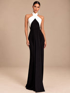 Women’s Black Elegant Strapless Sleeveless Sheath Maxi Dress with Detachable White Halter Scarf and Convertible Bow Detail