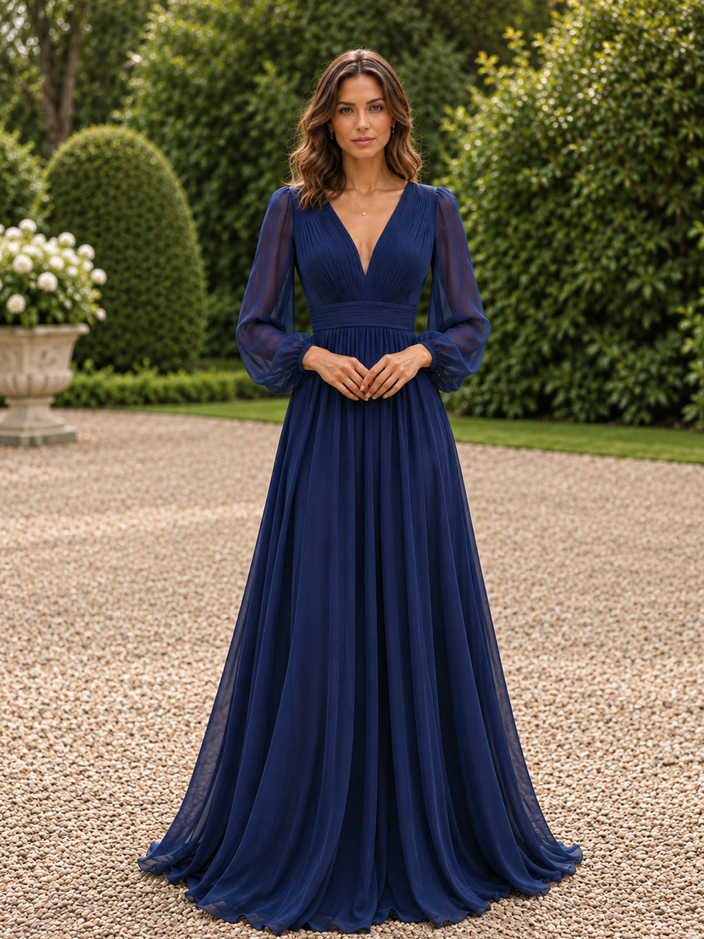 Women’s Navy Blue Elegant Chiffon V-Neck Long Sleeve Regular Floor-Length Wedding Guest Dress with Pleated Detail