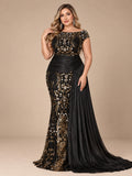 Women’s Black and Gold Elegant Sequin Mesh Round Neck Cap Sleeve Mermaid Maxi Dress with Draped Side Panel