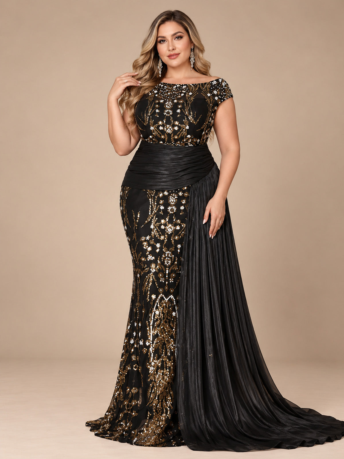 Women’s Black and Gold Elegant Sequin Mesh Round Neck Cap Sleeve Mermaid Maxi Dress with Draped Side Panel