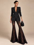 Women's Black Elegant Deep V-Neck Tailored Blazer and Sheer Floral Lace Flared Pants Two-Piece Set