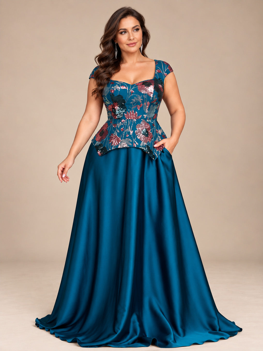 Women’s Teal Blue Elegant Floral Sequin Sweetheart Neck Short Sleeve Satin A-Line Maxi Dress with Peplum Detail