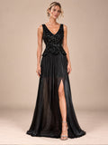 Women’s Black Glamorous Sequin V-Neck Sleeveless A-Line Maxi Dress with Sheer Pleated Skirt and High Slit