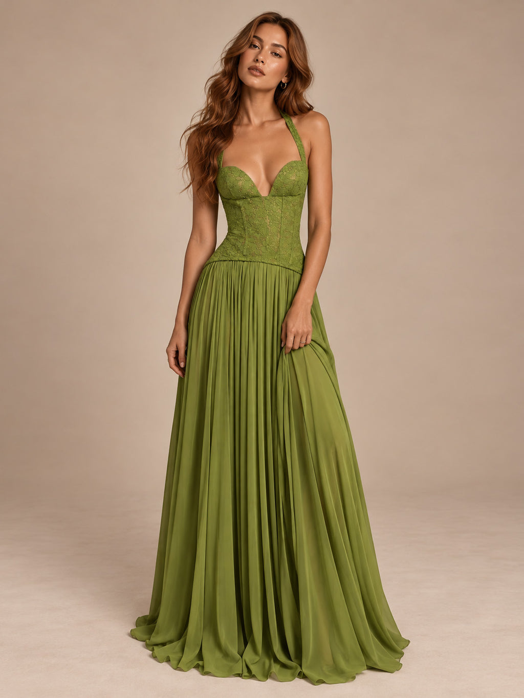 Women’s Olive Green Elegant Chiffon Halter V-Neck Sleeveless A-Line Maxi Dress with Lace Corset Detail
