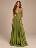 Women’s Olive Green Elegant Chiffon Halter V-Neck Sleeveless A-Line Maxi Dress with Lace Corset Detail