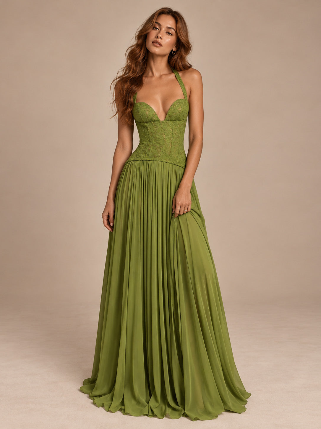 Women’s Olive Green Elegant Chiffon Halter V-Neck Sleeveless A-Line Maxi Dress with Lace Corset Detail