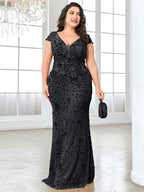 Women’s Olive Green Elegant Sequin Mesh V-Neck Cap Sleeve Mermaid Maxi Dress