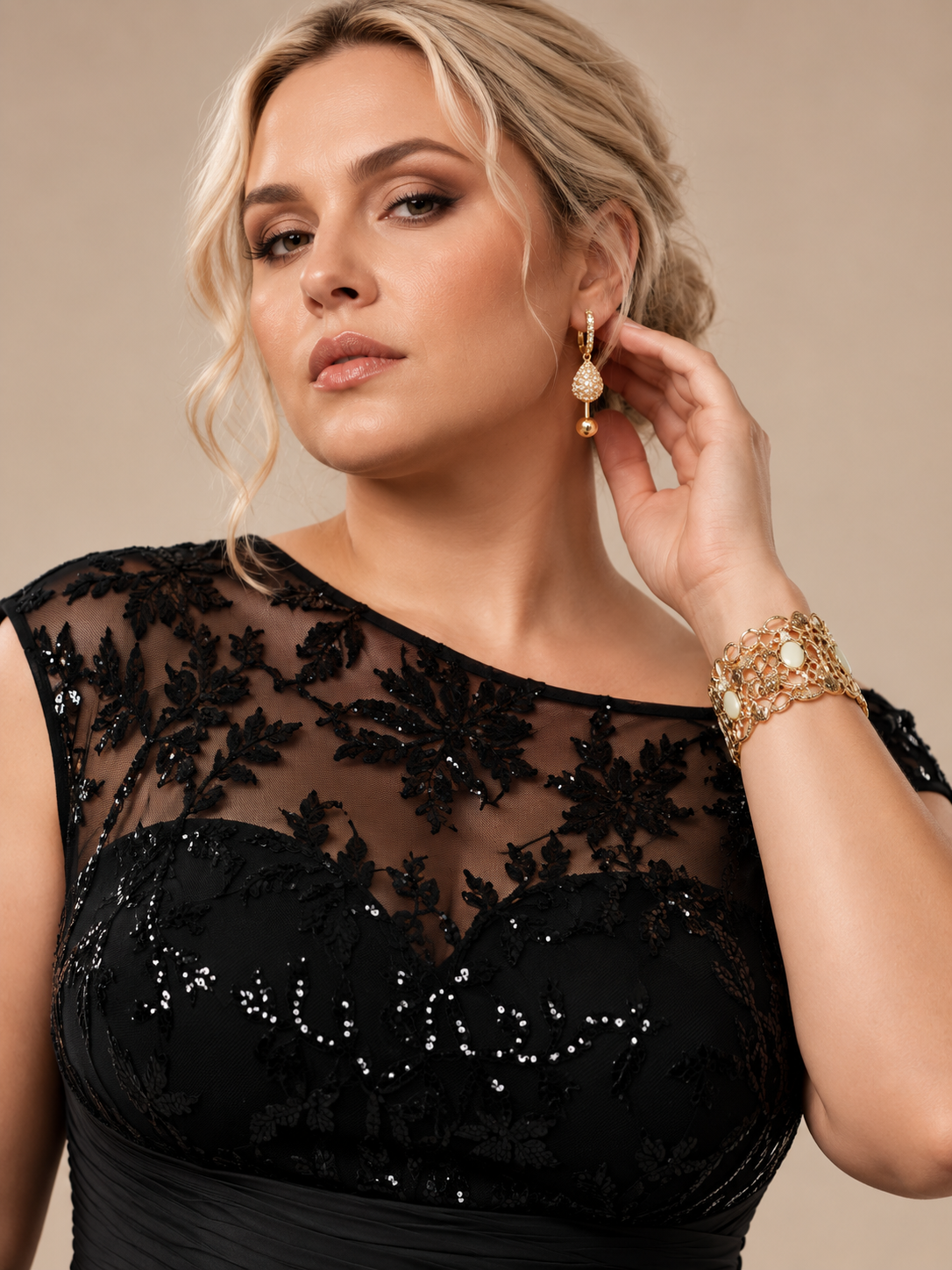 Women’s Black Elegant Sequin Lace Asymmetric Neck Cap Sleeve Mermaid Maxi Dress with Draped Side Panel