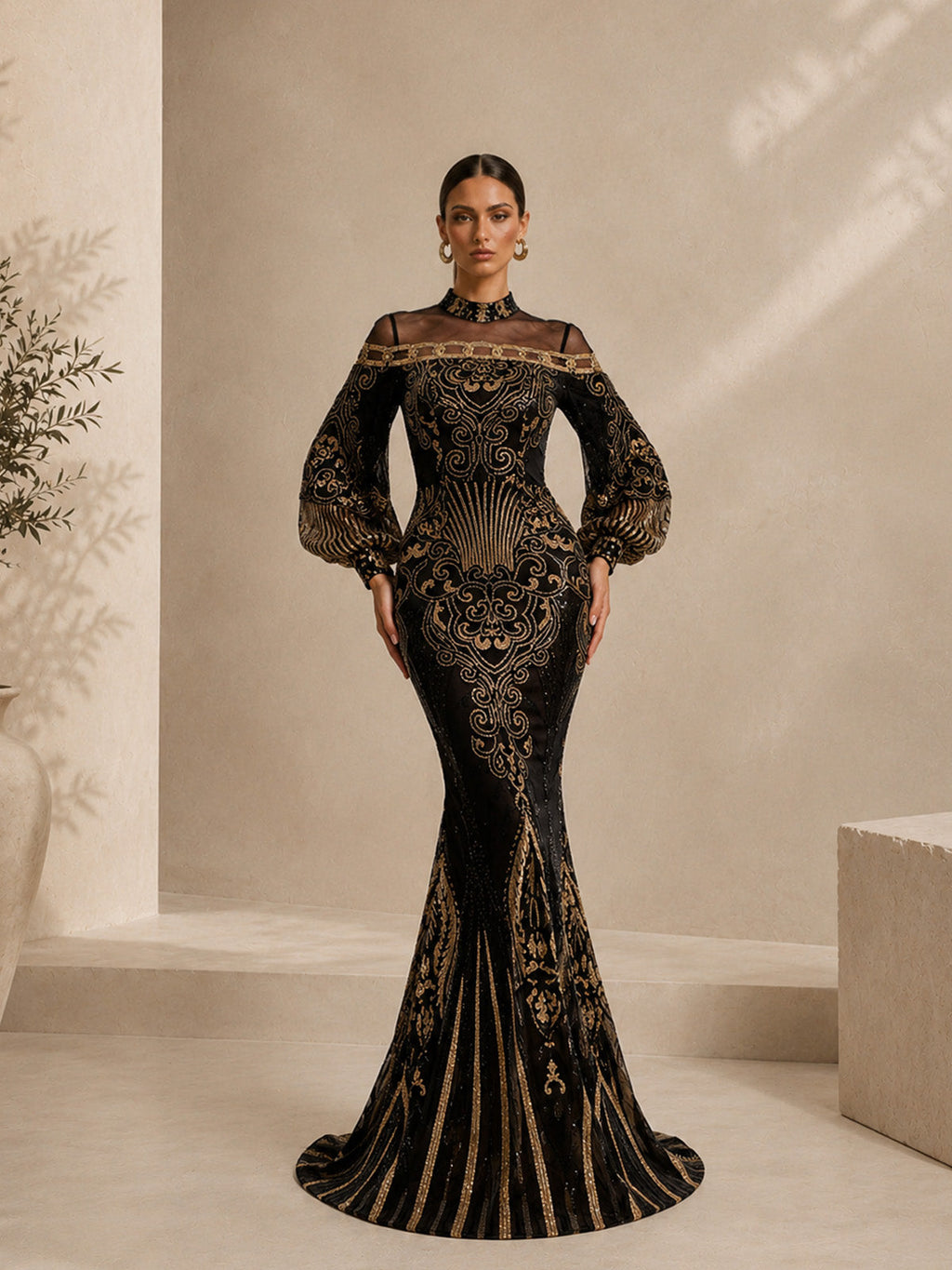 Women’s Black Luxe Embroidered Mesh High Neck Long Sleeve Mermaid Maxi Dress