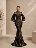 Women’s Black Luxe Embroidered Mesh High Neck Long Sleeve Mermaid Maxi Dress