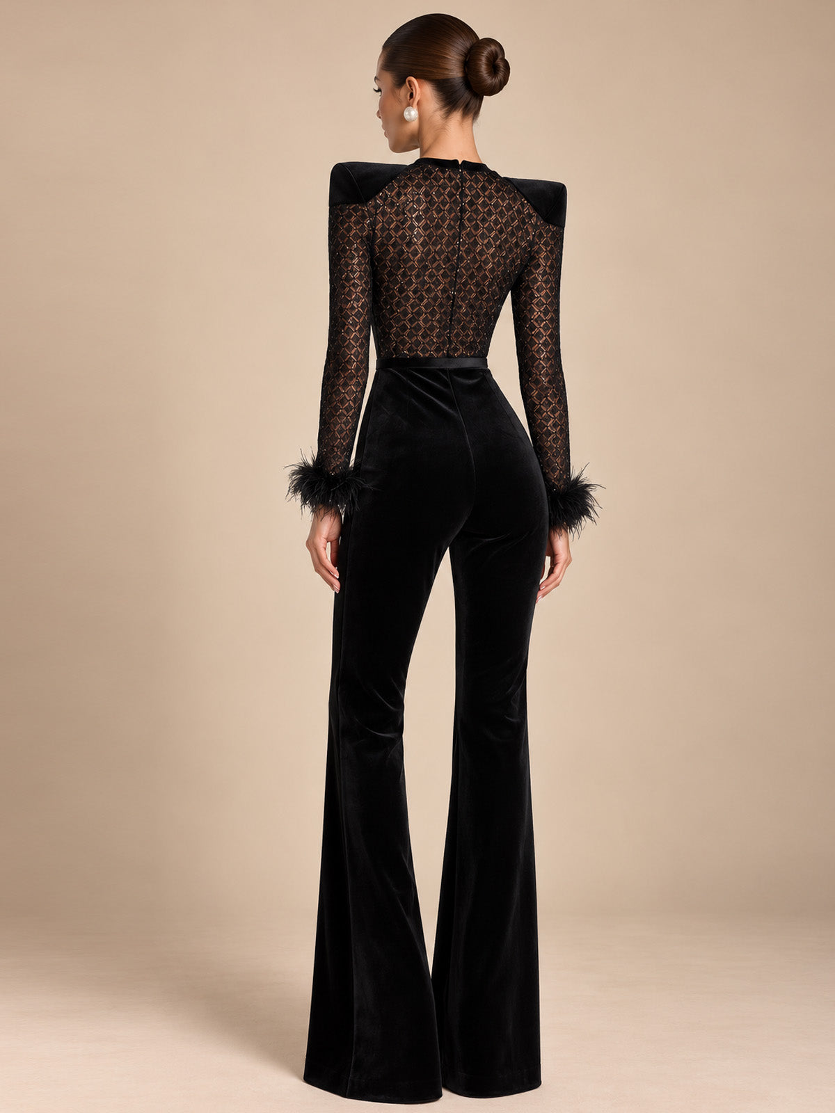 Women's Elegant Black Sheer Mesh Feather Trim Long Sleeve Top and Velvet Flared Pants Two-Piece Set