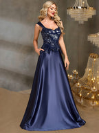 Women’s Navy Blue Elegant Sequin Sweetheart Neck Sleeveless Satin A-Line Maxi Dress with Peplum Waist Detail