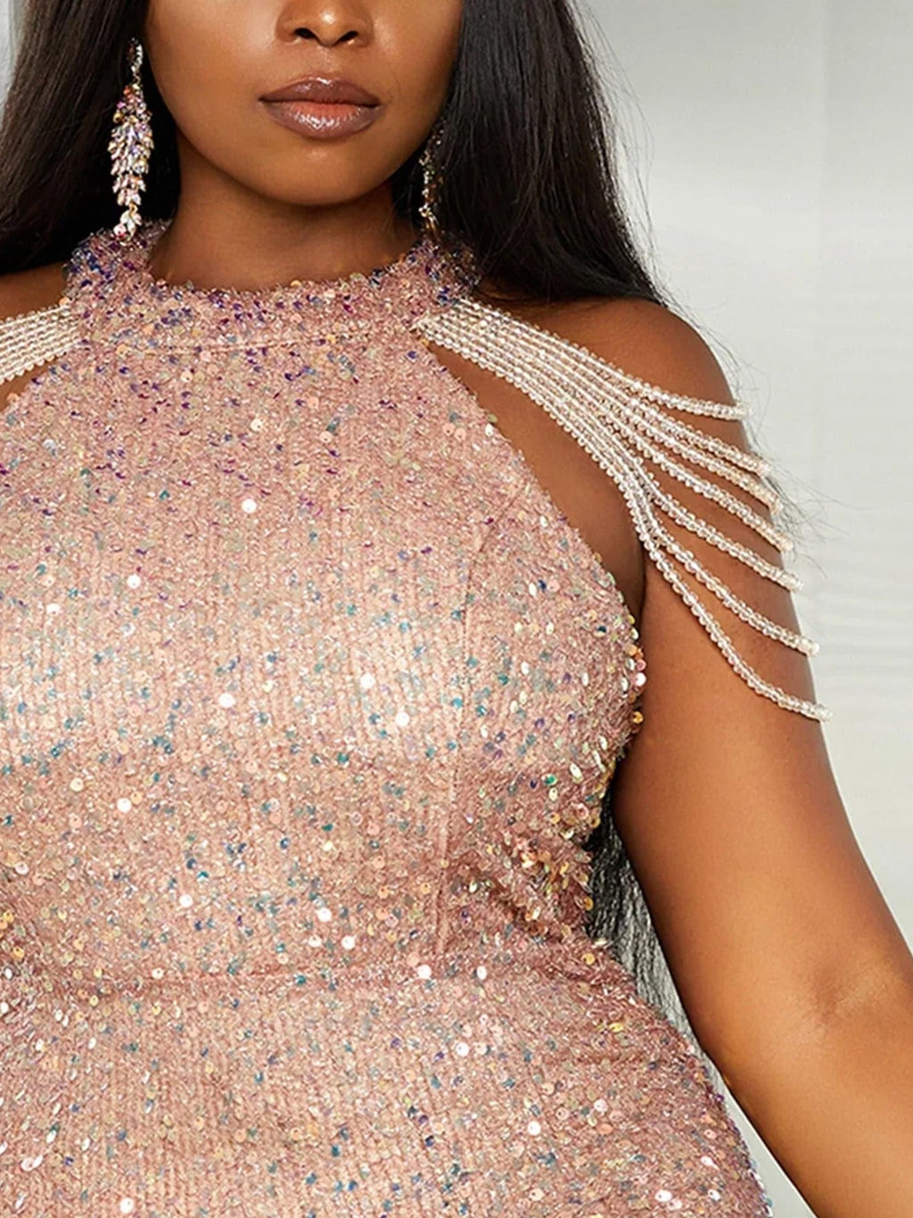 Women’s Champagne Glamorous Sequin Mesh High Neck Sleeveless Slim Fit Mini Dress with Beaded Cold Shoulder Detail