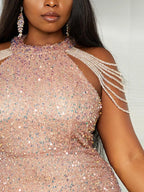 Women’s Champagne Glamorous Sequin Mesh High Neck Sleeveless Slim Fit Mini Dress with Beaded Cold Shoulder Detail
