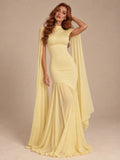 Women’s Butter Yellow Elegant Chiffon High Neck Sleeveless Maxi Dress with Cape Sleeves and Asymmetric Mermaid Hem