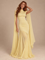 Women’s Butter Yellow Elegant Chiffon High Neck Sleeveless Maxi Dress with Cape Sleeves and Asymmetric Mermaid Hem