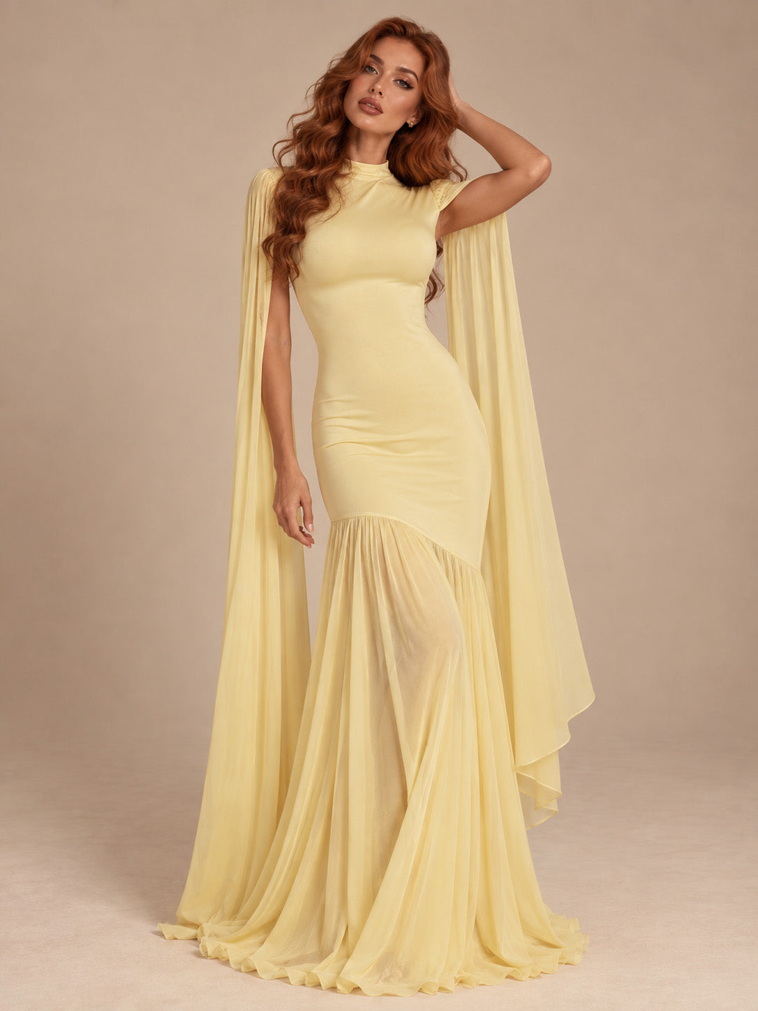 Women’s Butter Yellow Elegant Chiffon High Neck Sleeveless Maxi Dress with Cape Sleeves and Asymmetric Mermaid Hem