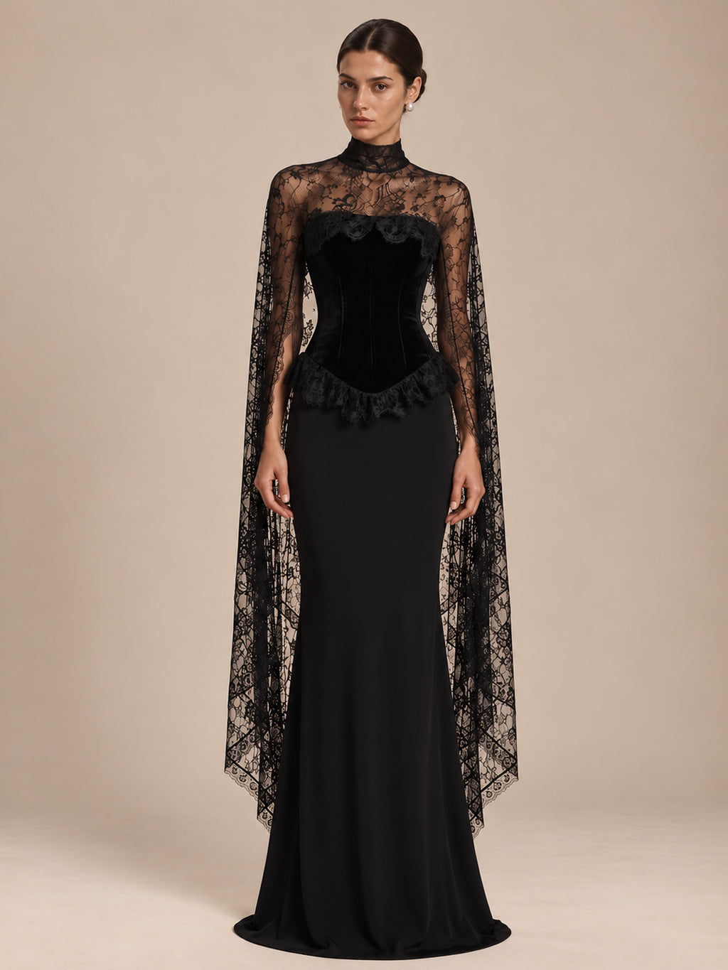 Women’s Black Elegant Strapless Velvet Mermaid Maxi Dress with Sheer Floral Lace Cape and Corset Detail