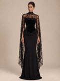 Women’s Black Elegant Strapless Velvet Mermaid Maxi Dress with Sheer Floral Lace Cape and Corset Detail