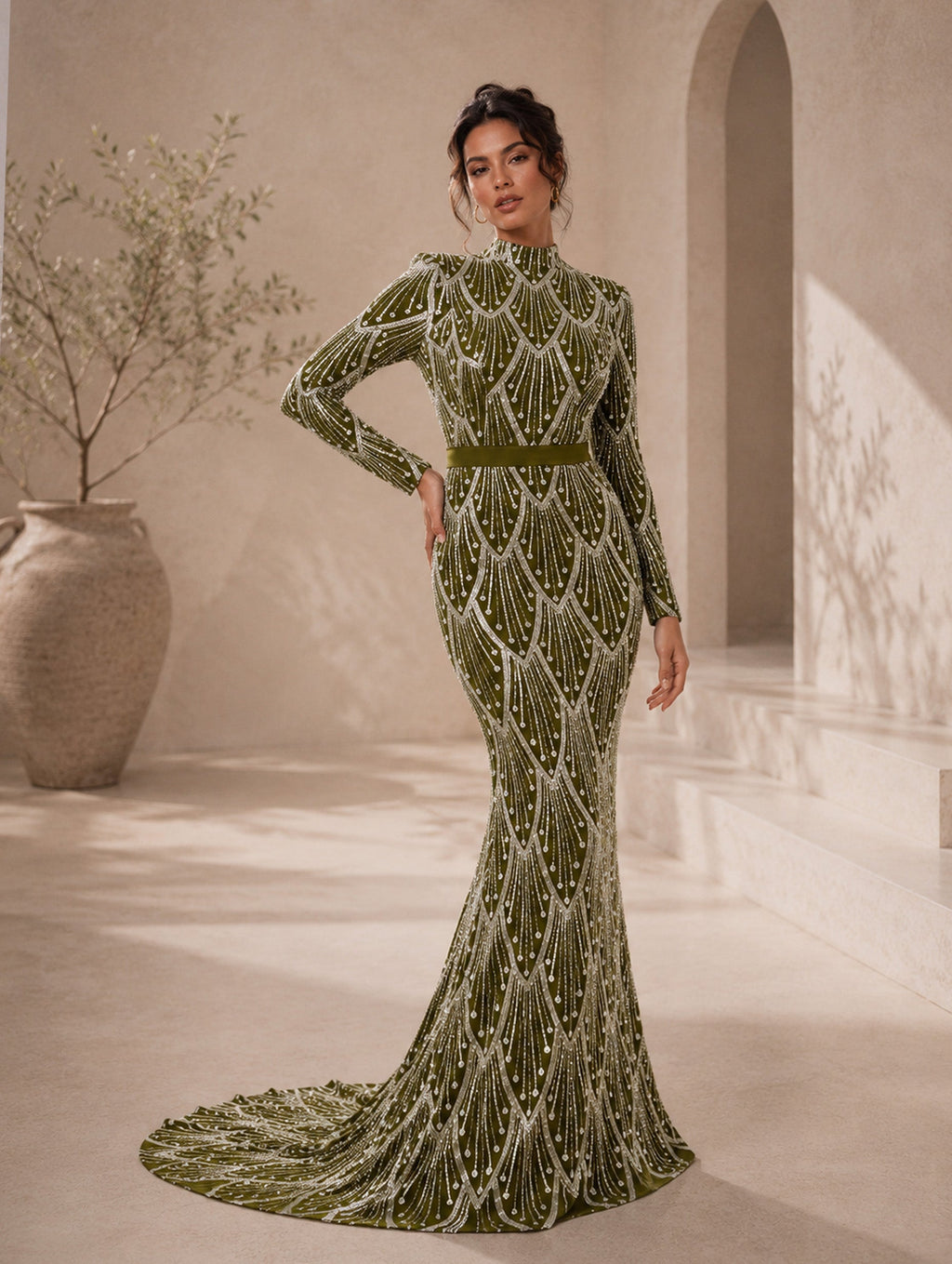 Women’s Olive Green Elegant Sequin Stand Collar Long Sleeve Regular Mermaid Maxi Dress with Beaded Detail