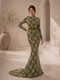 Women’s Olive Green Elegant Sequin Stand Collar Long Sleeve Regular Mermaid Maxi Dress with Beaded Detail