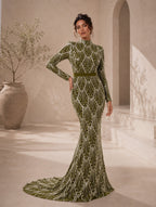 Women’s Olive Green Elegant Sequin Stand Collar Long Sleeve Regular Mermaid Maxi Dress with Beaded Detail