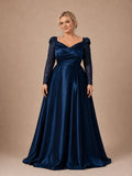 Women’s Navy Blue Elegant Satin Sweetheart Neck Long Sleeve A-Line Maxi Dress with Sequin Detail