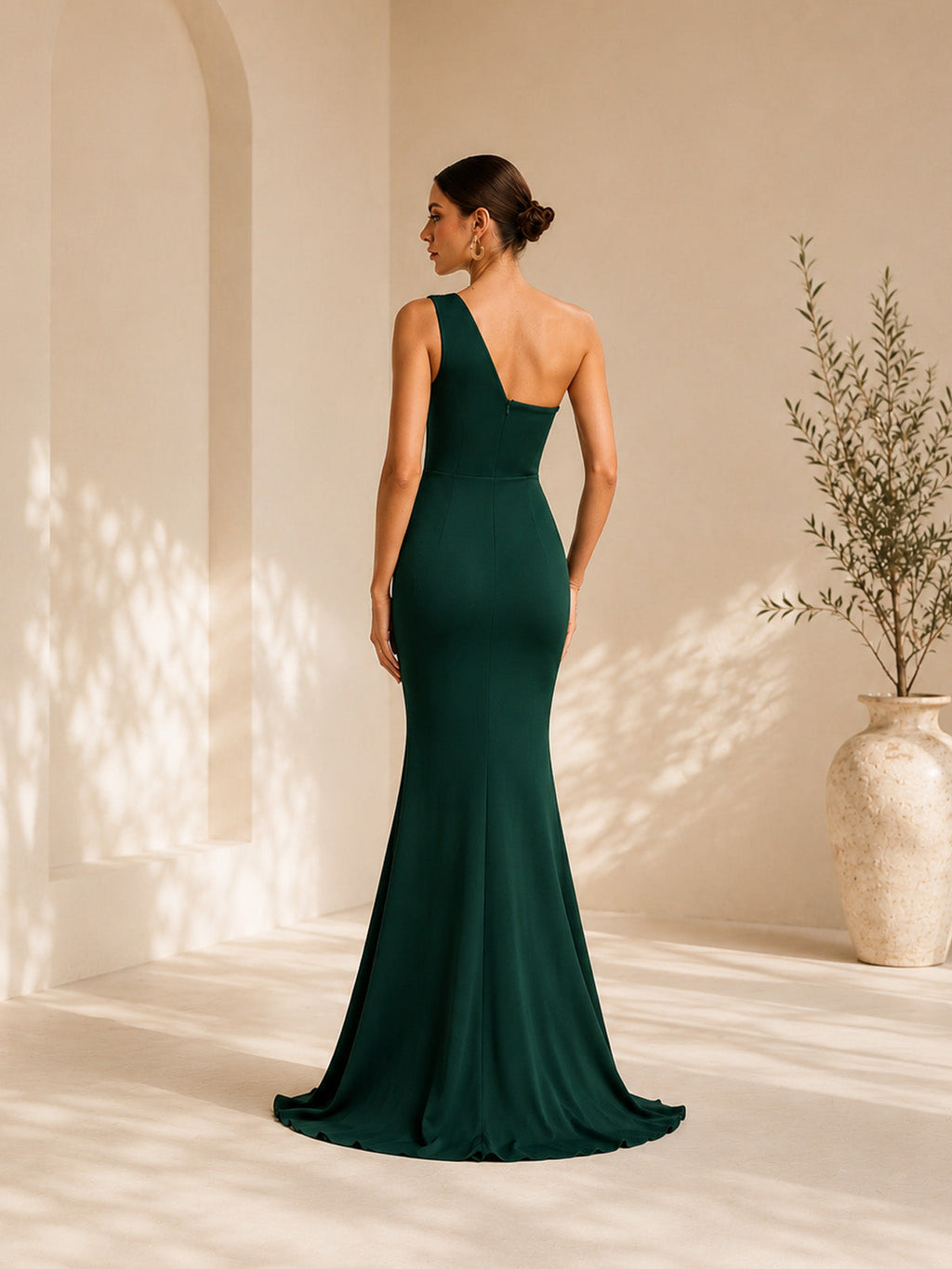 Women’s Green Draped Chiffon One-Shoulder Sleeveless Slim Mermaid Maxi Dress