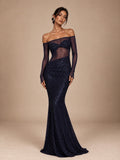 Women’s Navy Blue Elegant Sequin Mesh Off Shoulder Long Sleeve Mermaid Maxi Dress with Sheer Waist