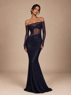 Women’s Navy Blue Elegant Sequin Mesh Off Shoulder Long Sleeve Mermaid Maxi Dress with Sheer Waist