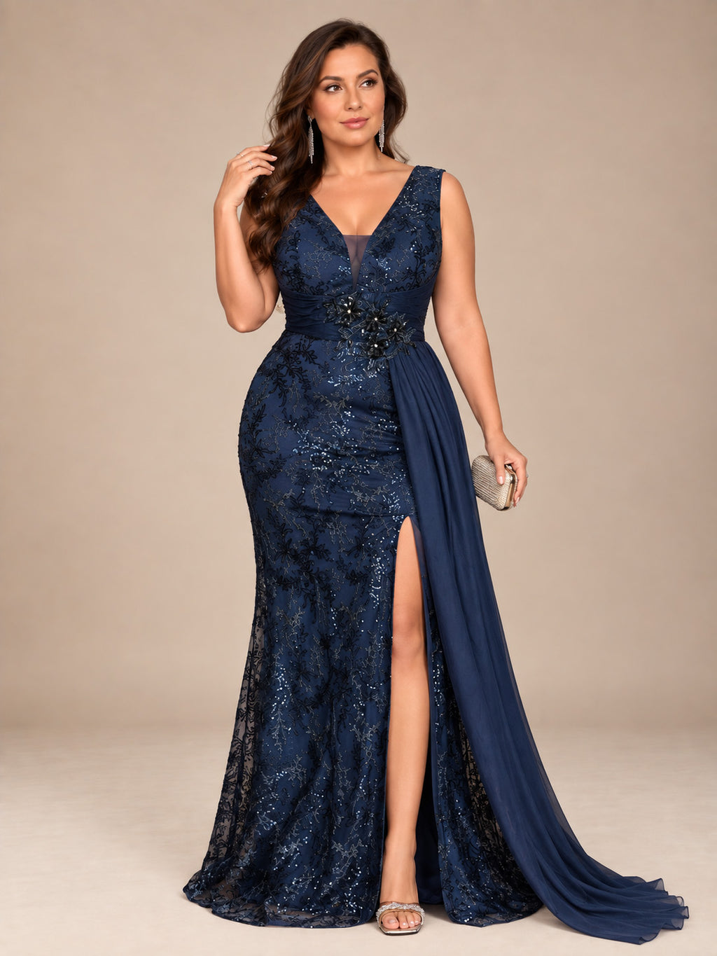 Women’s Navy Blue Elegant Sequin V-Neck Sleeveless Mermaid Maxi Dress with Floral Appliqué and Draped Detail