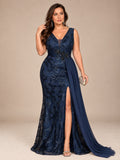 Women’s Navy Blue Elegant Sequin V-Neck Sleeveless Mermaid Maxi Dress with Floral Appliqué and Draped Detail