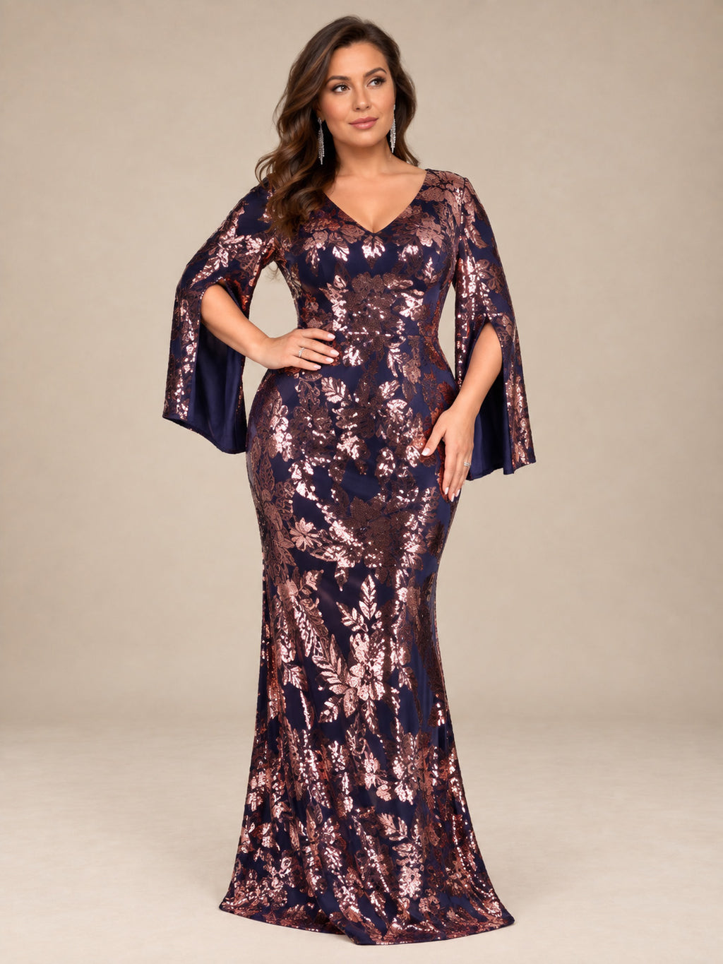 Women’s Navy Blue Elegant Sequin V-Neck Cape Sleeve Mermaid Maxi Dress with Rose Gold Floral Embroidery