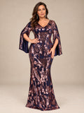 Women’s Navy Blue Elegant Sequin V-Neck Cape Sleeve Mermaid Maxi Dress with Rose Gold Floral Embroidery