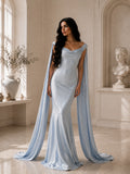 Women’s Light Blue Luxurious Satin Off Shoulder Cape Sleeve Mermaid Maxi Dress