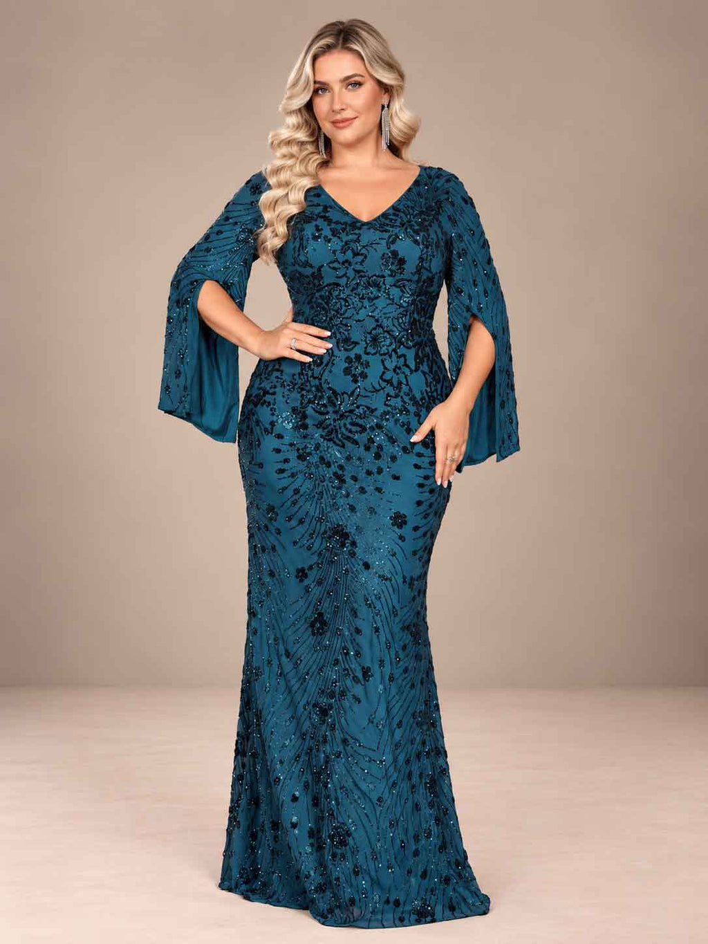 Women’s Teal Blue Elegant Sequin V-Neck Cape Sleeve Mermaid Maxi Dress with Floral Embroidery