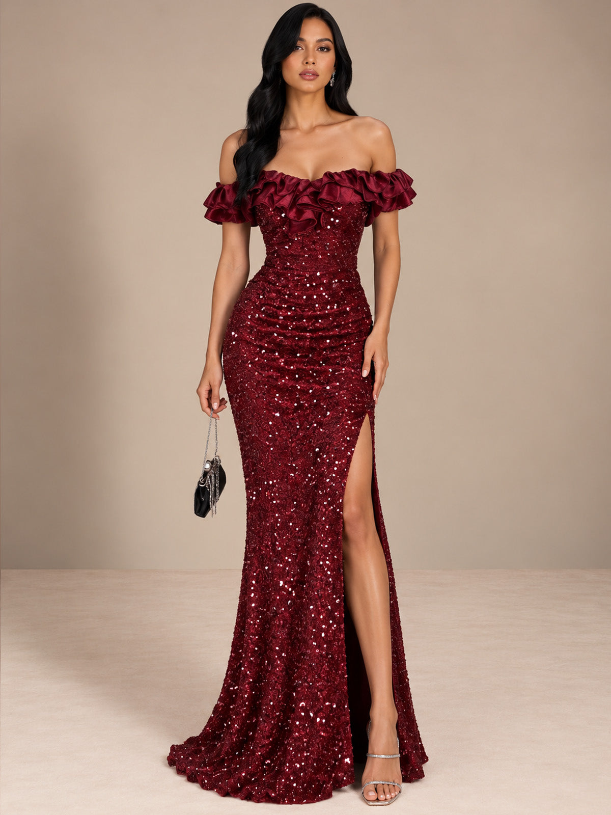 Women’s Burgundy Elegant Sequin Off Shoulder Maxi Dress with Ruffle Detail