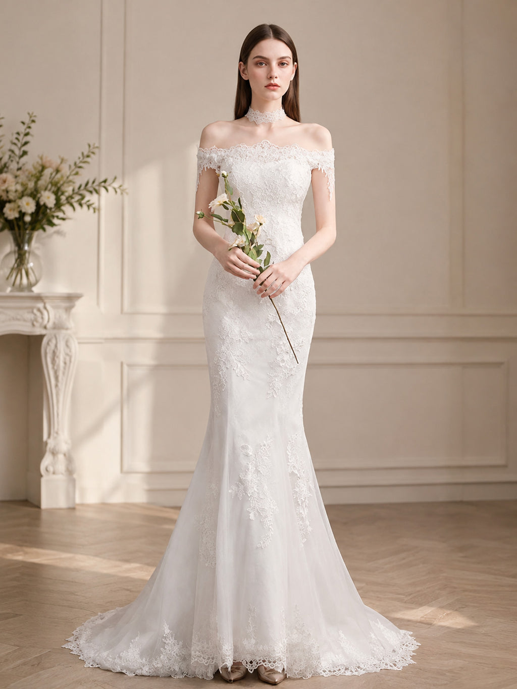 Women’s White Romantic Lace Off Shoulder Short Sleeve Mermaid Maxi Wedding Dress with Floral Appliqué