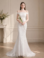 Women’s White Romantic Lace Off Shoulder Short Sleeve Mermaid Maxi Wedding Dress with Floral Appliqué