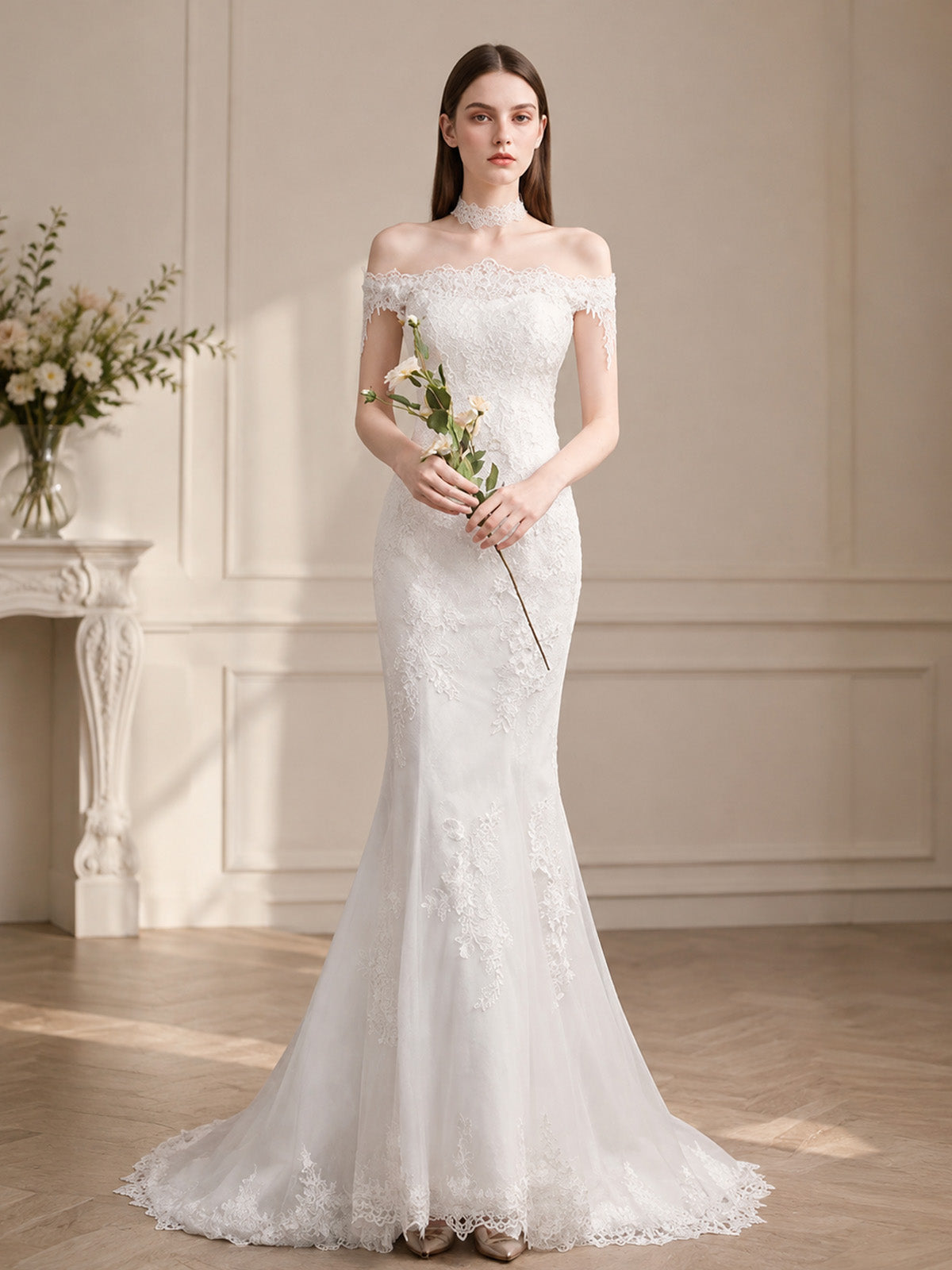 Women’s White Romantic Lace Off Shoulder Short Sleeve Mermaid Maxi Wedding Dress with Floral Appliqué