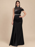 Women’s Black Elegant Satin High Neck Asymmetric Sleeveless Mermaid Maxi Dress with Rhinestone Mesh Detail