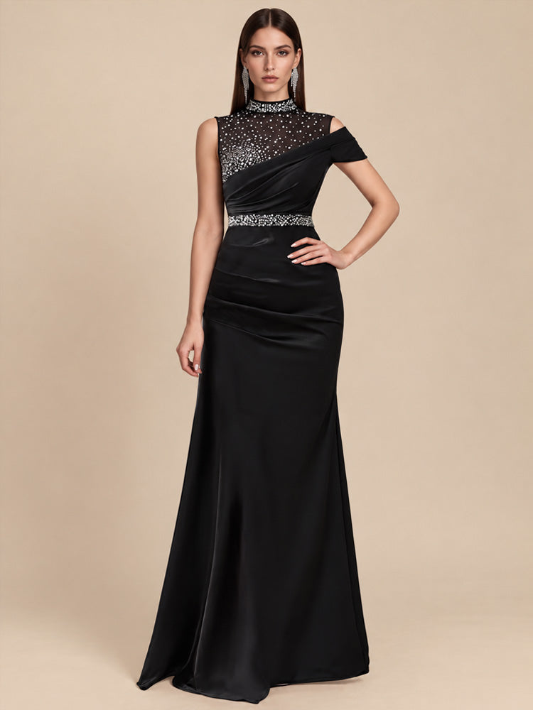 Women’s Black Elegant Satin High Neck Asymmetric Sleeveless Mermaid Maxi Dress with Rhinestone Mesh Detail