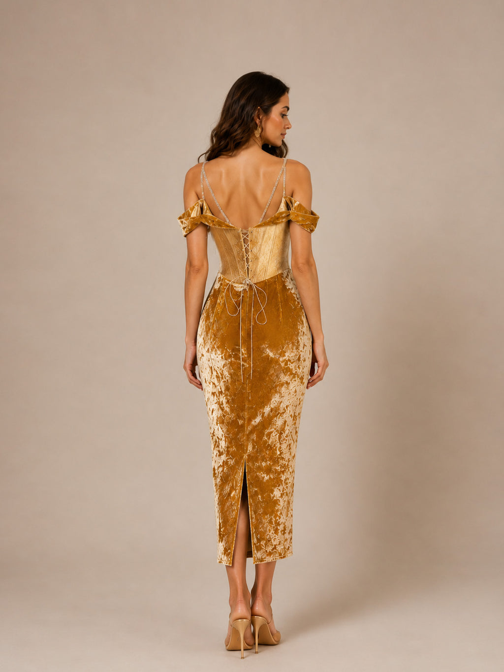 Women’s Gold Velvet Off Shoulder Ruched Draped Maxi Dress