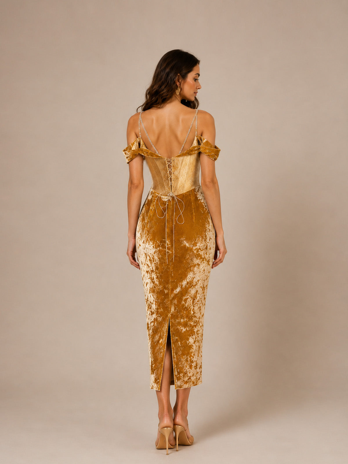 Women’s Gold Velvet Off Shoulder Ruched Draped Maxi Dress
