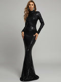 Women’s Black Glamorous Sequin Mock Neck Long Sleeve Mermaid Maxi Dress with Fringe Detail