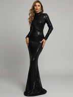 Women’s Black Glamorous Sequin Mock Neck Long Sleeve Mermaid Maxi Dress with Fringe Detail